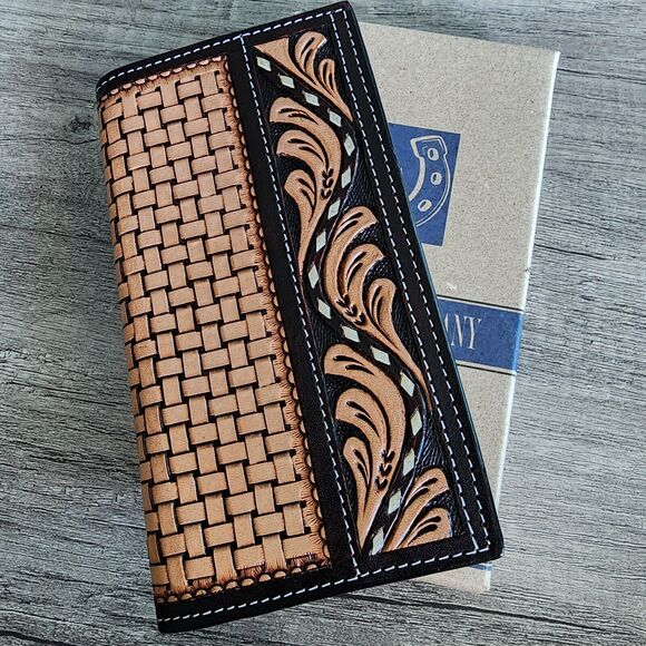 Ranger Western Floral Tooled Basket Weave Leather Rodeo Wallet Buck Stitching - Picture 7 of 7